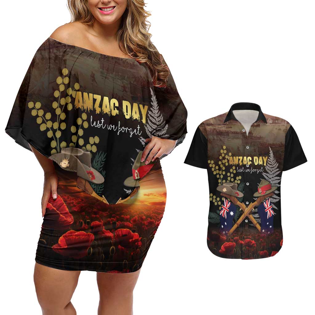 Australia - New Zealand ANZAC Couples Matching Off Shoulder Short Dress and Hawaiian Shirt Gallipoli ANZAC Cove Landing LT7 Black - Polynesian Pride