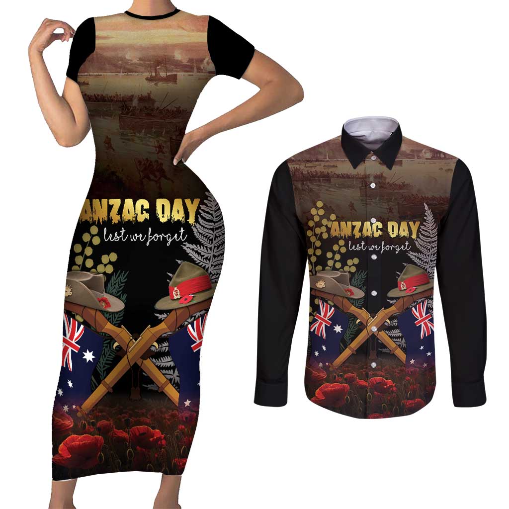 Australia - New Zealand ANZAC Couples Matching Short Sleeve Bodycon Dress and Long Sleeve Button Shirt Gallipoli ANZAC Cove Landing LT7 Black - Polynesian Pride