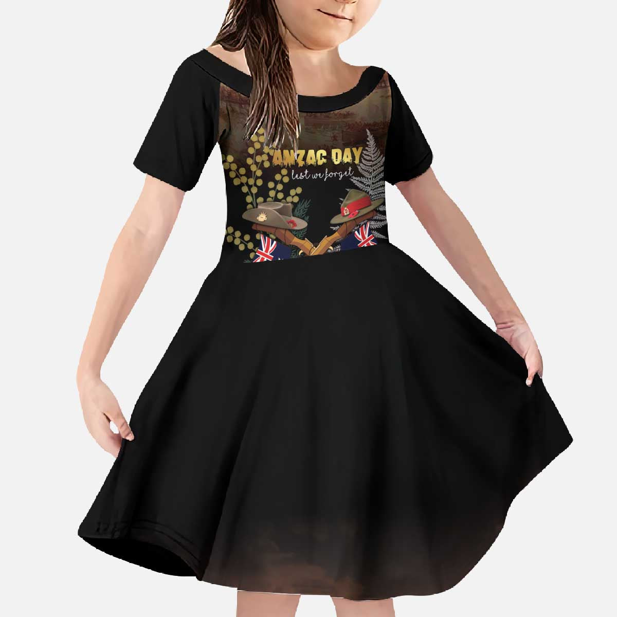 Australia - New Zealand ANZAC Family Matching Off The Shoulder Long Sleeve Dress and Hawaiian Shirt Gallipoli ANZAC Cove Landing LT7 Daughter's Dress Black - Polynesian Pride