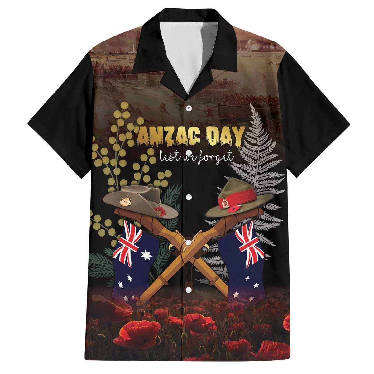 Australia - New Zealand ANZAC Family Matching Off The Shoulder Long Sleeve Dress and Hawaiian Shirt Gallipoli ANZAC Cove Landing LT7 Dad's Shirt - Short Sleeve Black - Polynesian Pride