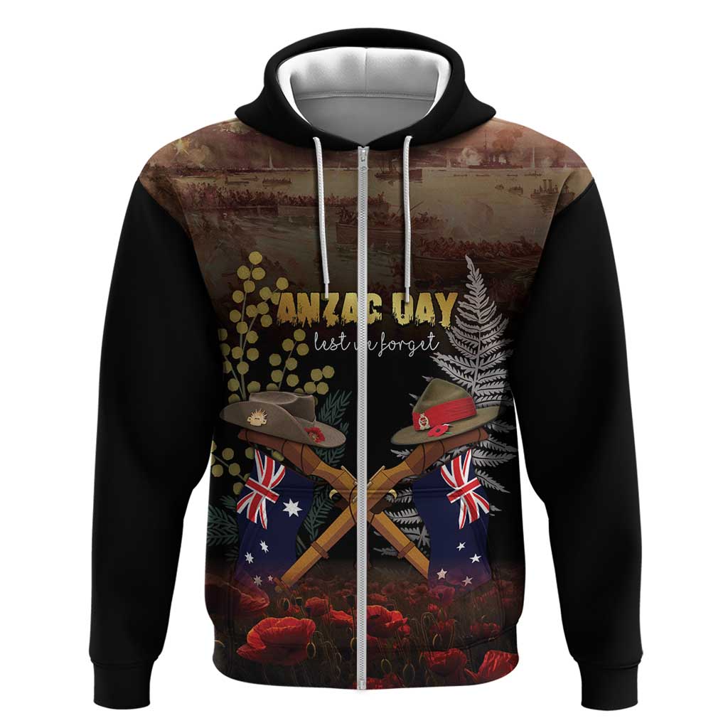 Australia - New Zealand ANZAC Hoodie Gallipoli ANZAC Cove Landing LT7 Zip Hoodie Black - Polynesian Pride