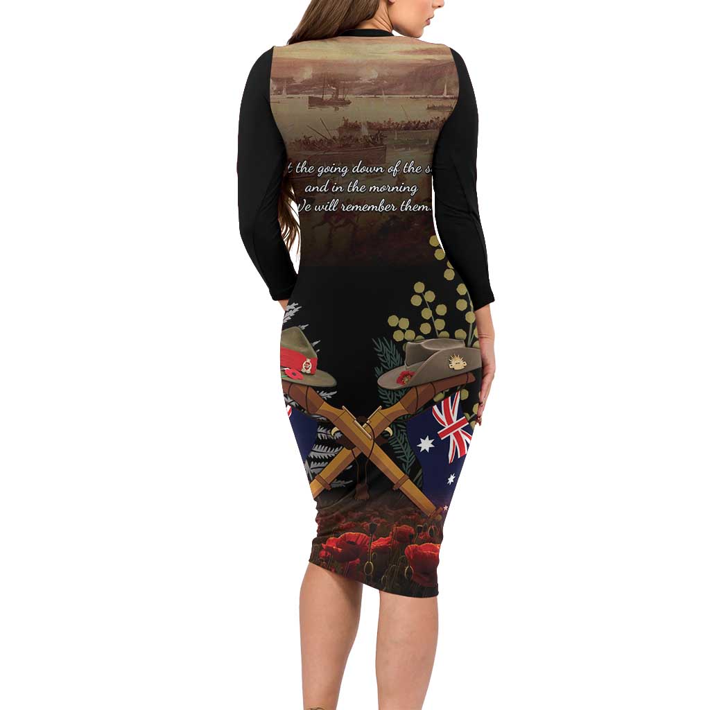 Australia - New Zealand ANZAC Long Sleeve Bodycon Dress Gallipoli ANZAC Cove Landing LT7 - Polynesian Pride