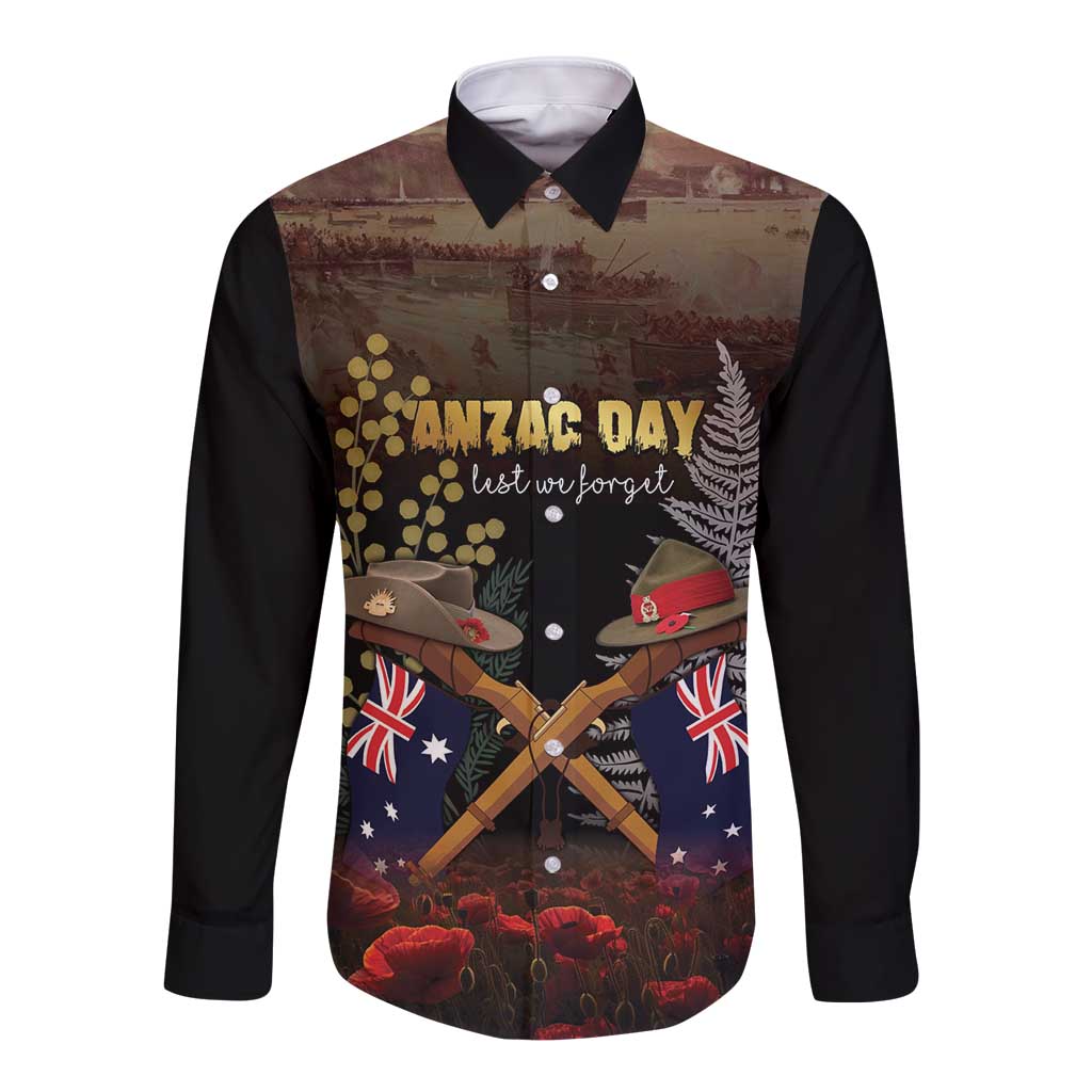 Australia - New Zealand ANZAC Long Sleeve Button Shirt Gallipoli ANZAC Cove Landing LT7 Unisex Black - Polynesian Pride