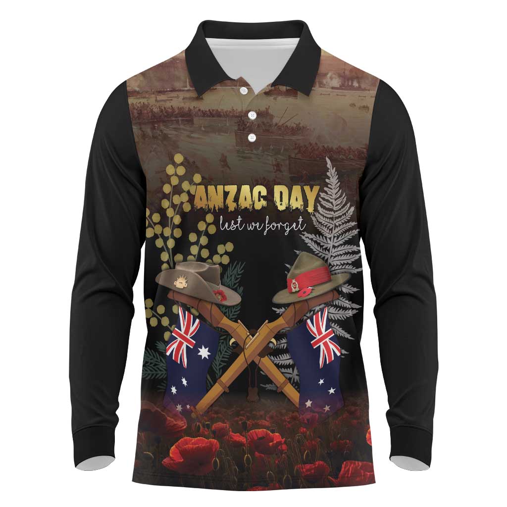 Australia - New Zealand ANZAC Long Sleeve Polo Shirt Gallipoli ANZAC Cove Landing LT7 Black - Polynesian Pride