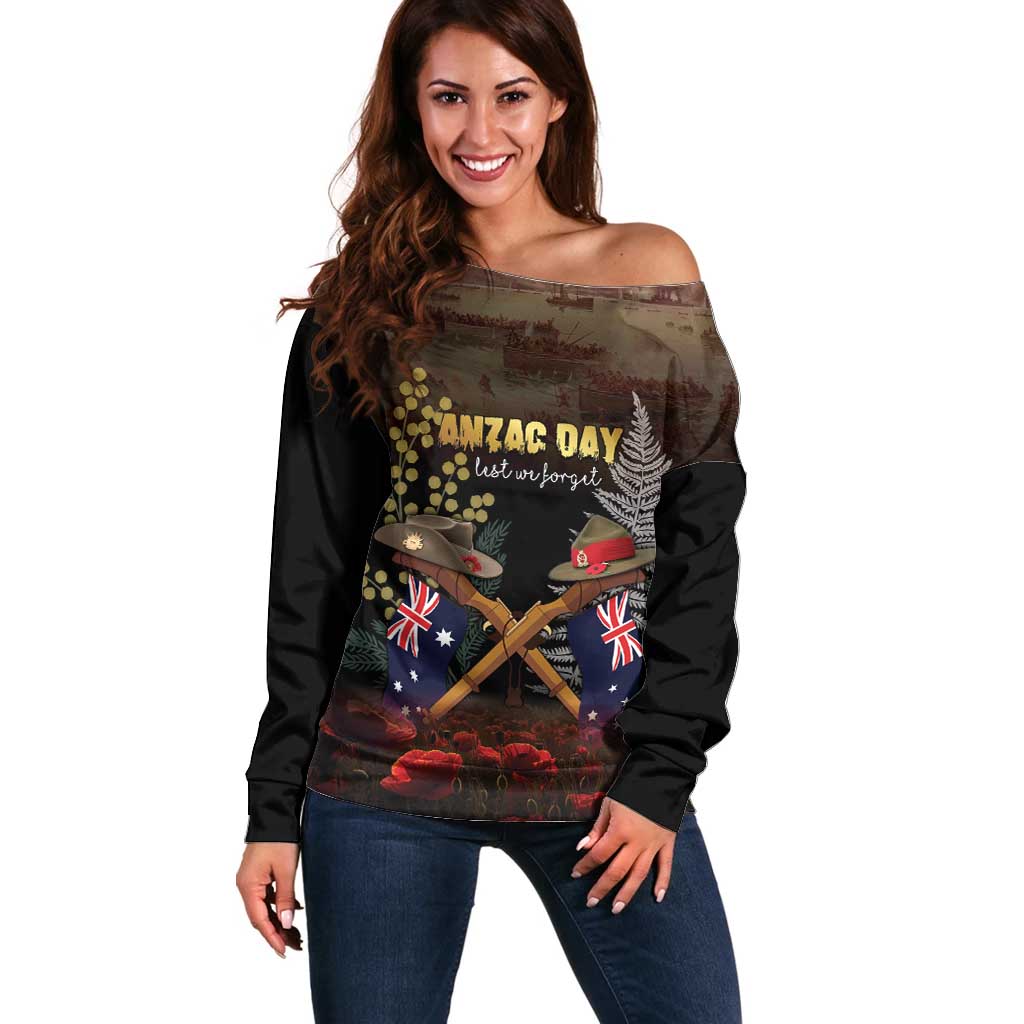 Australia - New Zealand ANZAC Off Shoulder Sweater Gallipoli ANZAC Cove Landing LT7 Women Black - Polynesian Pride