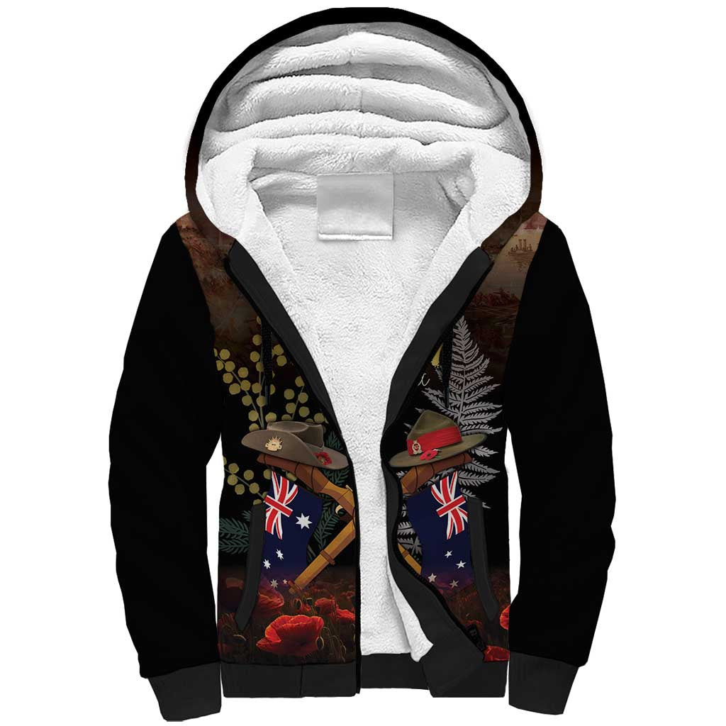 Australia - New Zealand ANZAC Sherpa Hoodie Gallipoli ANZAC Cove Landing LT7 Unisex Black - Polynesian Pride
