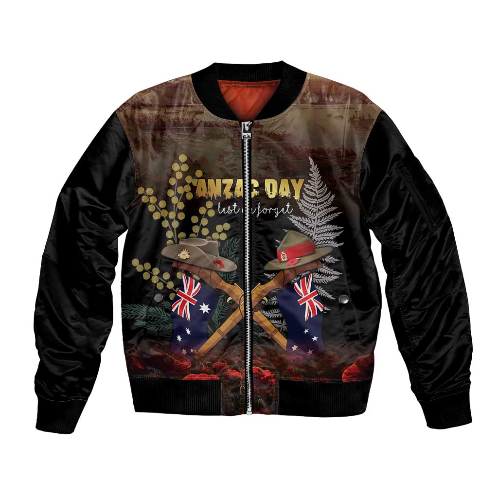 Australia - New Zealand ANZAC Sleeve Zip Bomber Jacket Gallipoli ANZAC Cove Landing LT7 Unisex Black - Polynesian Pride