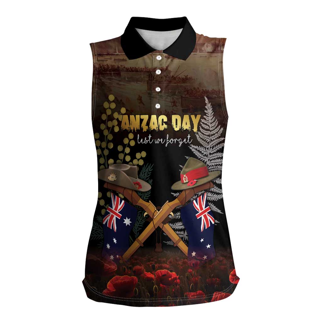 Australia - New Zealand ANZAC Women Sleeveless Polo Shirt Gallipoli ANZAC Cove Landing LT7 Female Black - Polynesian Pride
