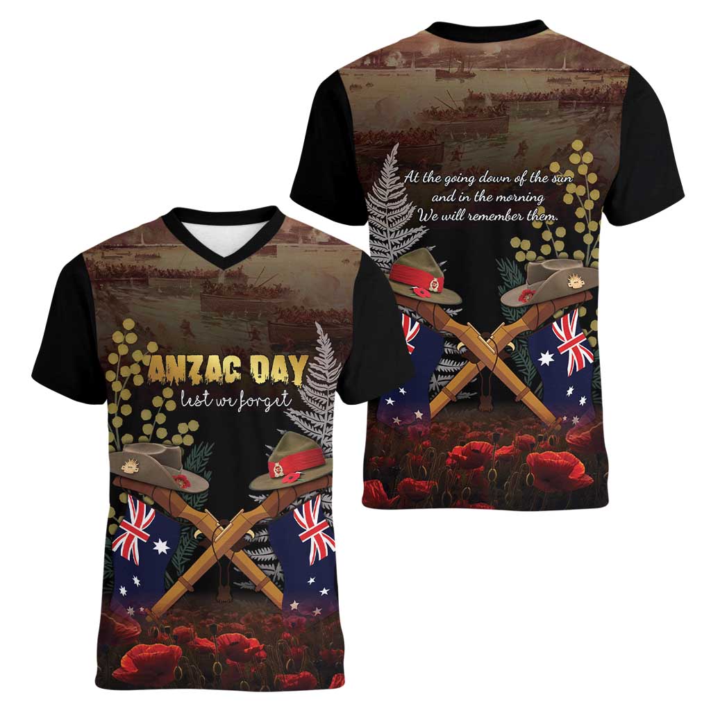 Australia - New Zealand ANZAC Women V-Neck T-Shirt Gallipoli ANZAC Cove Landing LT7 - Polynesian Pride
