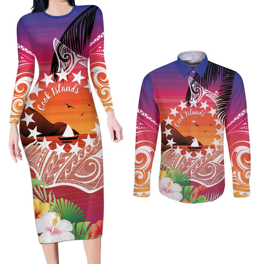 Kia Orana Cook Islands Couples Matching Long Sleeve Bodycon Dress and Long Sleeve Button Shirt Sunset Dream LT7 Art - Polynesian Pride
