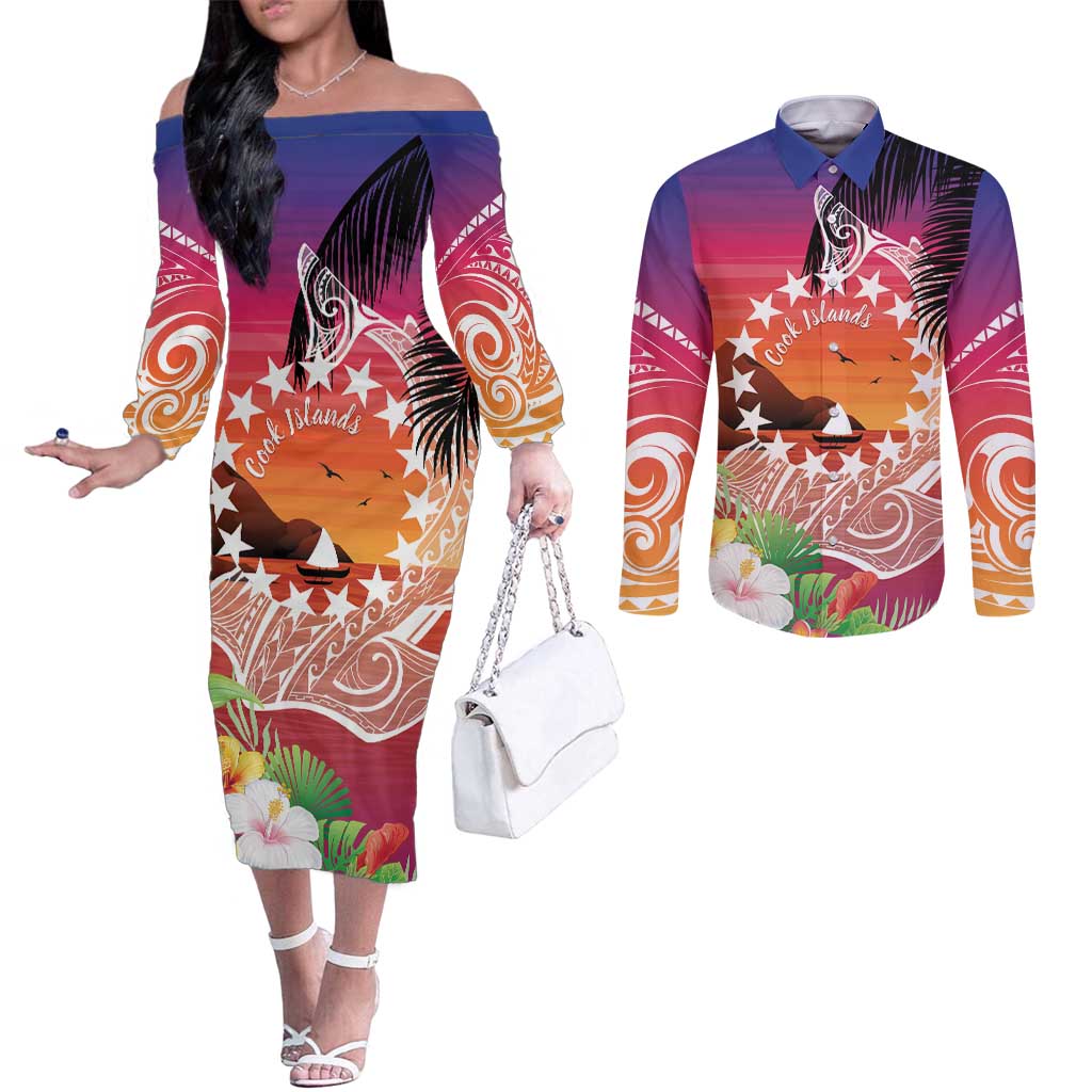 Kia Orana Cook Islands Couples Matching Off The Shoulder Long Sleeve Dress and Long Sleeve Button Shirt Sunset Dream LT7 Art - Polynesian Pride