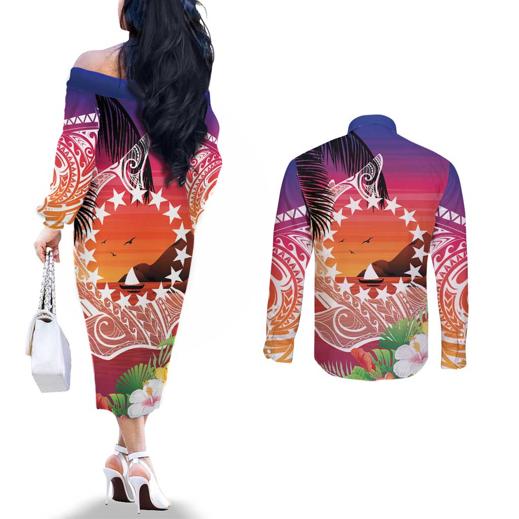 Kia Orana Cook Islands Couples Matching Off The Shoulder Long Sleeve Dress and Long Sleeve Button Shirt Sunset Dream LT7 - Polynesian Pride