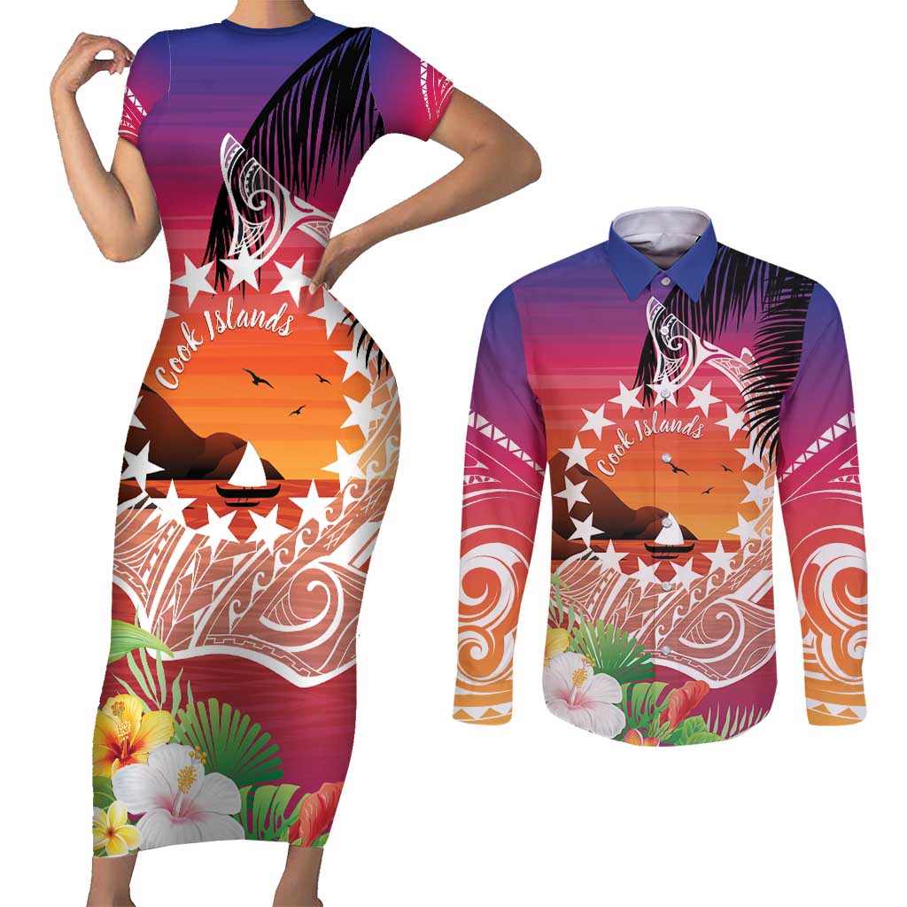 Kia Orana Cook Islands Couples Matching Short Sleeve Bodycon Dress and Long Sleeve Button Shirt Sunset Dream LT7 Art - Polynesian Pride