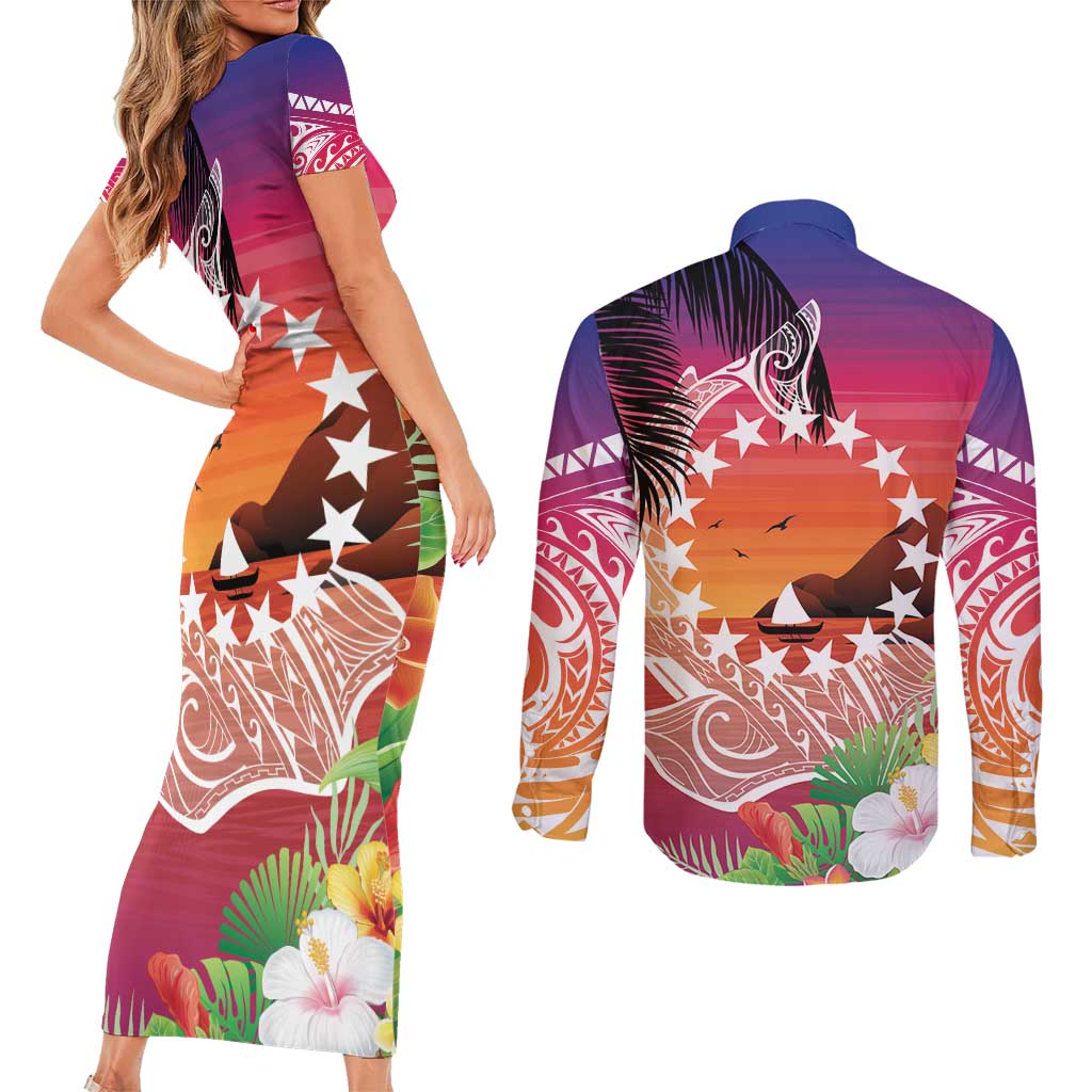 Kia Orana Cook Islands Couples Matching Short Sleeve Bodycon Dress and Long Sleeve Button Shirt Sunset Dream LT7 - Polynesian Pride