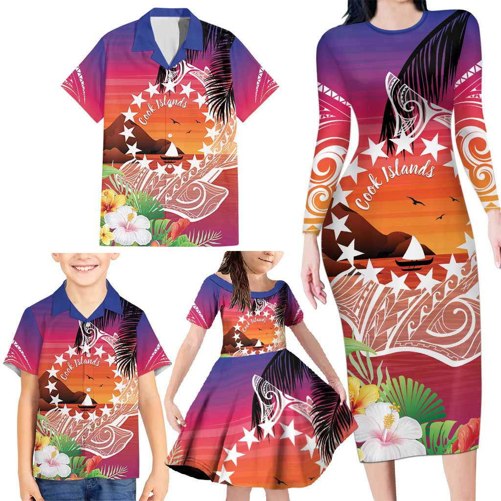 Kia Orana Cook Islands Family Matching Long Sleeve Bodycon Dress and Hawaiian Shirt Sunset Dream LT7 - Polynesian Pride