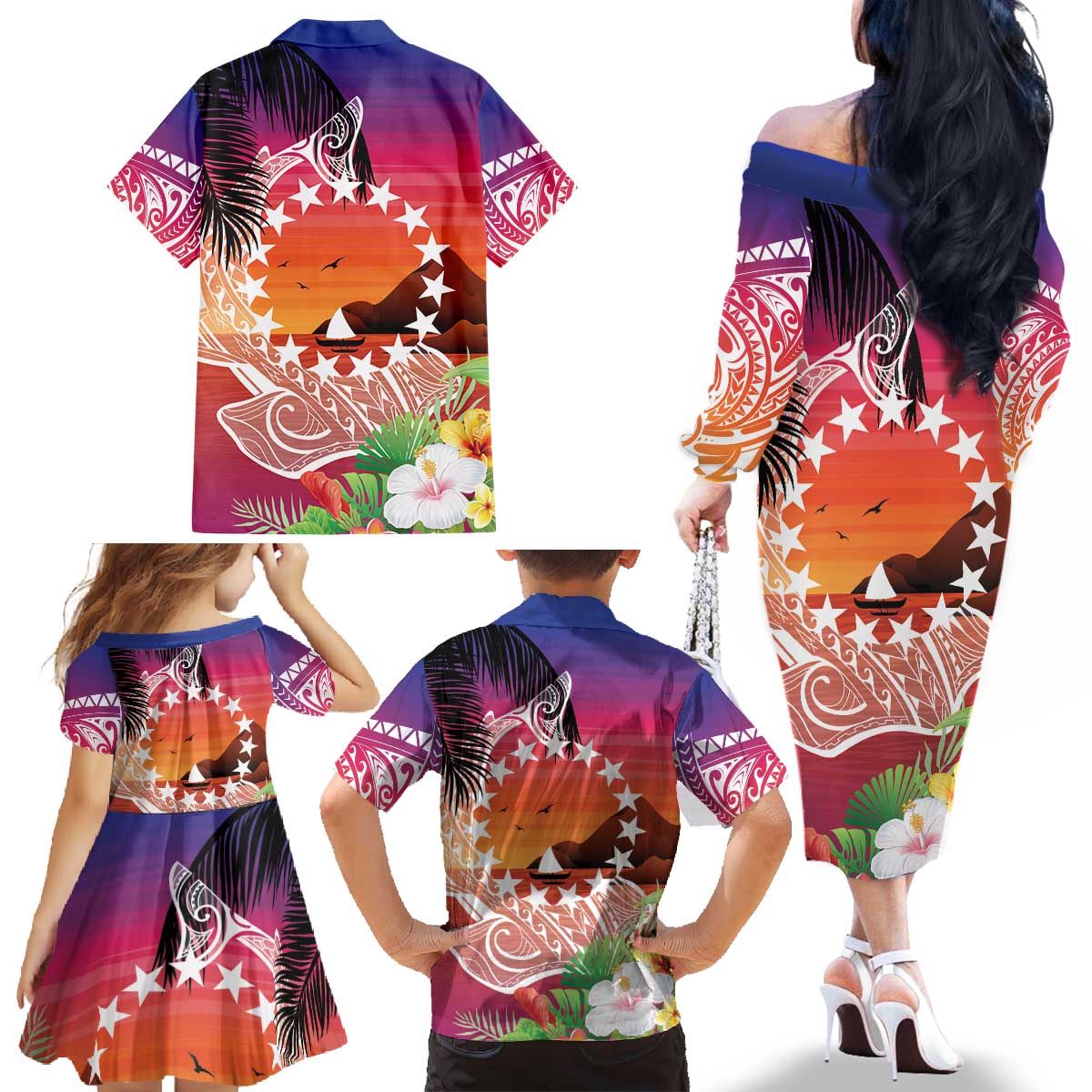 Kia Orana Cook Islands Family Matching Off The Shoulder Long Sleeve Dress and Hawaiian Shirt Sunset Dream LT7 - Polynesian Pride