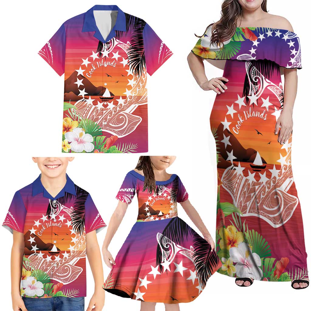 Kia Orana Cook Islands Family Matching Off Shoulder Maxi Dress and Hawaiian Shirt Sunset Dream LT7 - Polynesian Pride
