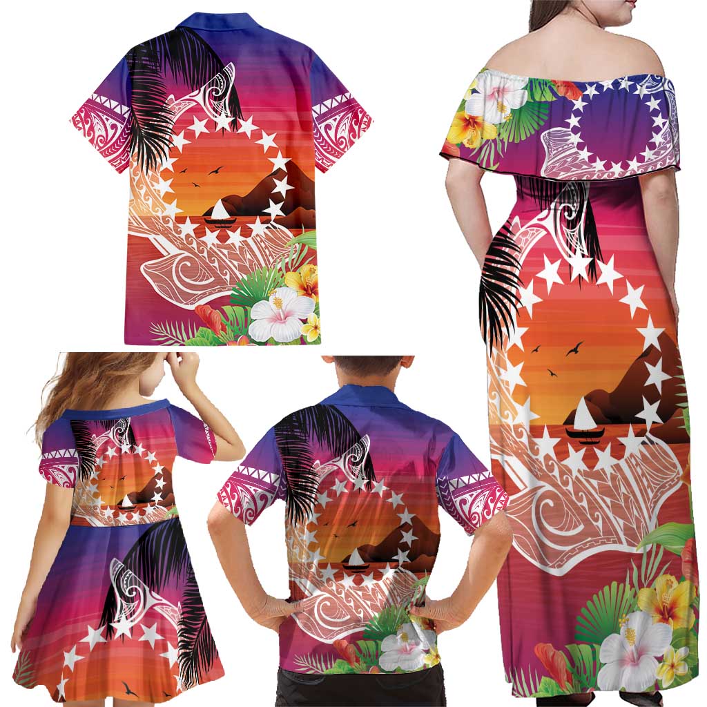 Kia Orana Cook Islands Family Matching Off Shoulder Maxi Dress and Hawaiian Shirt Sunset Dream LT7 - Polynesian Pride