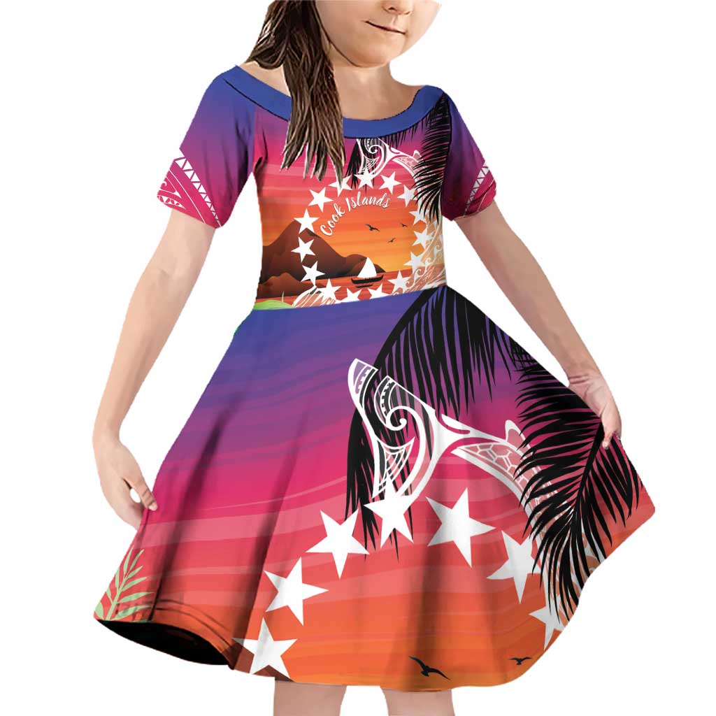 Kia Orana Cook Islands Family Matching Off Shoulder Short Dress and Hawaiian Shirt Sunset Dream LT7 Daughter's Dress Art - Polynesian Pride