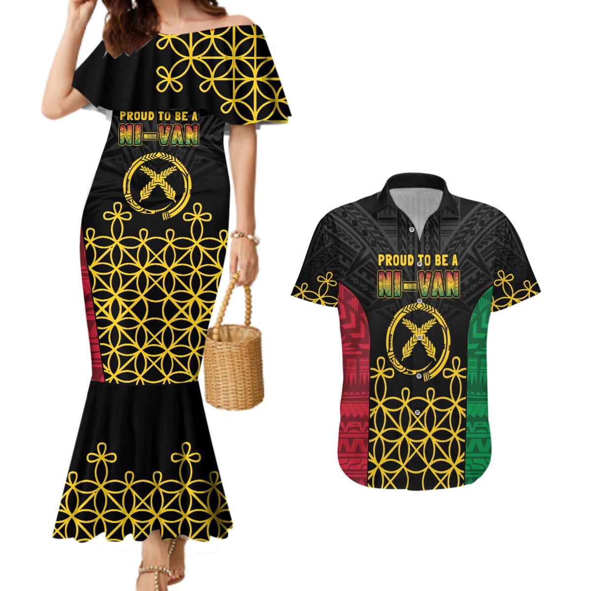 Vanuatu Indipendens Dei Couples Matching Mermaid Dress and Hawaiian Shirt Tribal Sand Drawing LT7 Colorful - Polynesian Pride