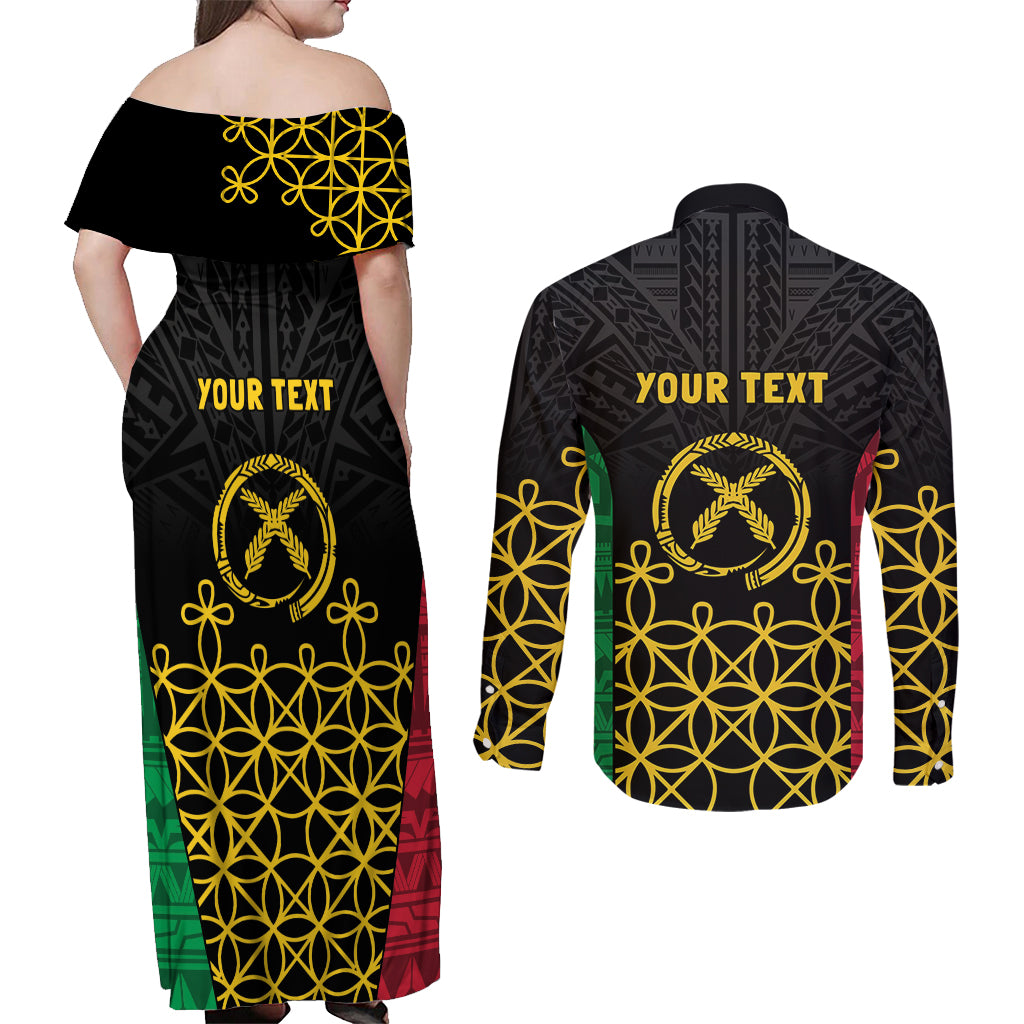 Vanuatu Indipendens Dei Couples Matching Off Shoulder Maxi Dress and Long Sleeve Button Shirt Tribal Sand Drawing