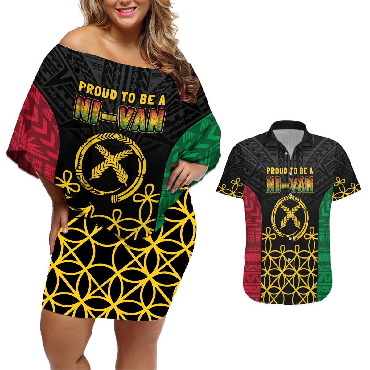 Vanuatu Indipendens Dei Couples Matching Off Shoulder Short Dress and Hawaiian Shirt Tribal Sand Drawing LT7 Colorful - Polynesian Pride