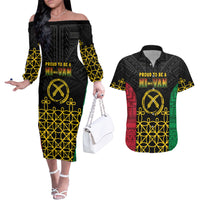 Vanuatu Indipendens Dei Couples Matching Off The Shoulder Long Sleeve Dress and Hawaiian Shirt Tribal Sand Drawing LT7 Colorful - Polynesian Pride