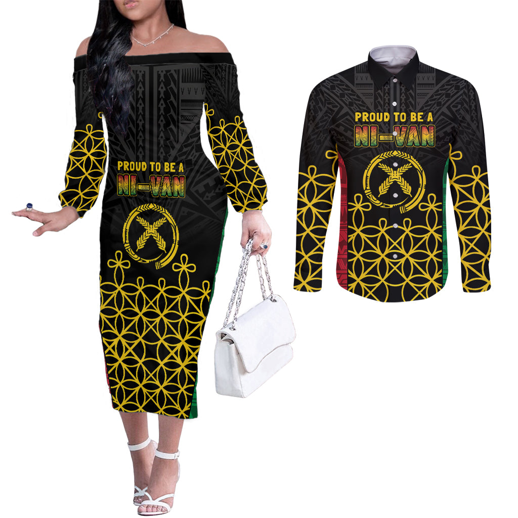 Vanuatu Indipendens Dei Couples Matching Off The Shoulder Long Sleeve Dress and Long Sleeve Button Shirt Tribal Sand Drawing LT7 Colorful - Polynesian Pride