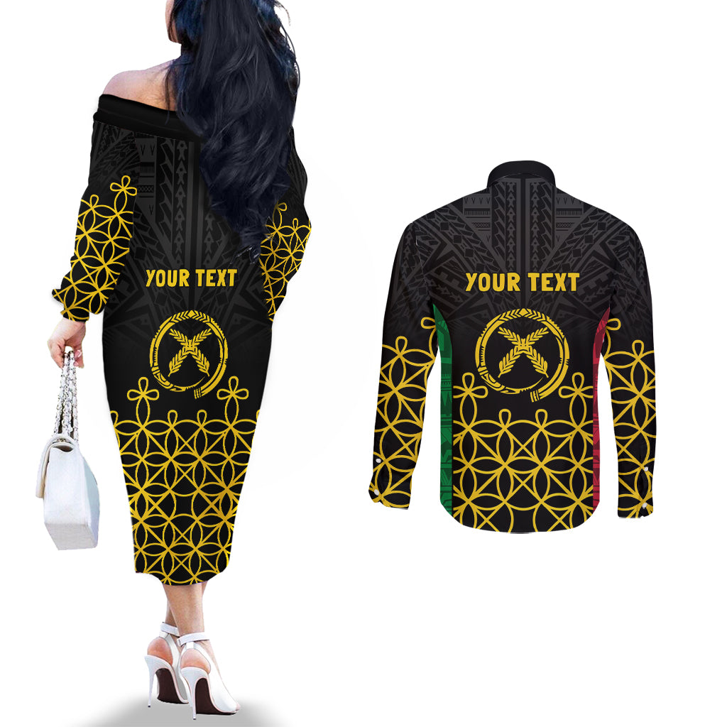 Vanuatu Indipendens Dei Couples Matching Off The Shoulder Long Sleeve Dress and Long Sleeve Button Shirt Tribal Sand Drawing LT7 - Polynesian Pride