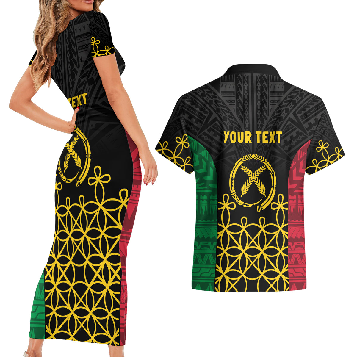 Vanuatu Indipendens Dei Couples Matching Short Sleeve Bodycon Dress and Hawaiian Shirt Tribal Sand Drawing LT7 - Polynesian Pride