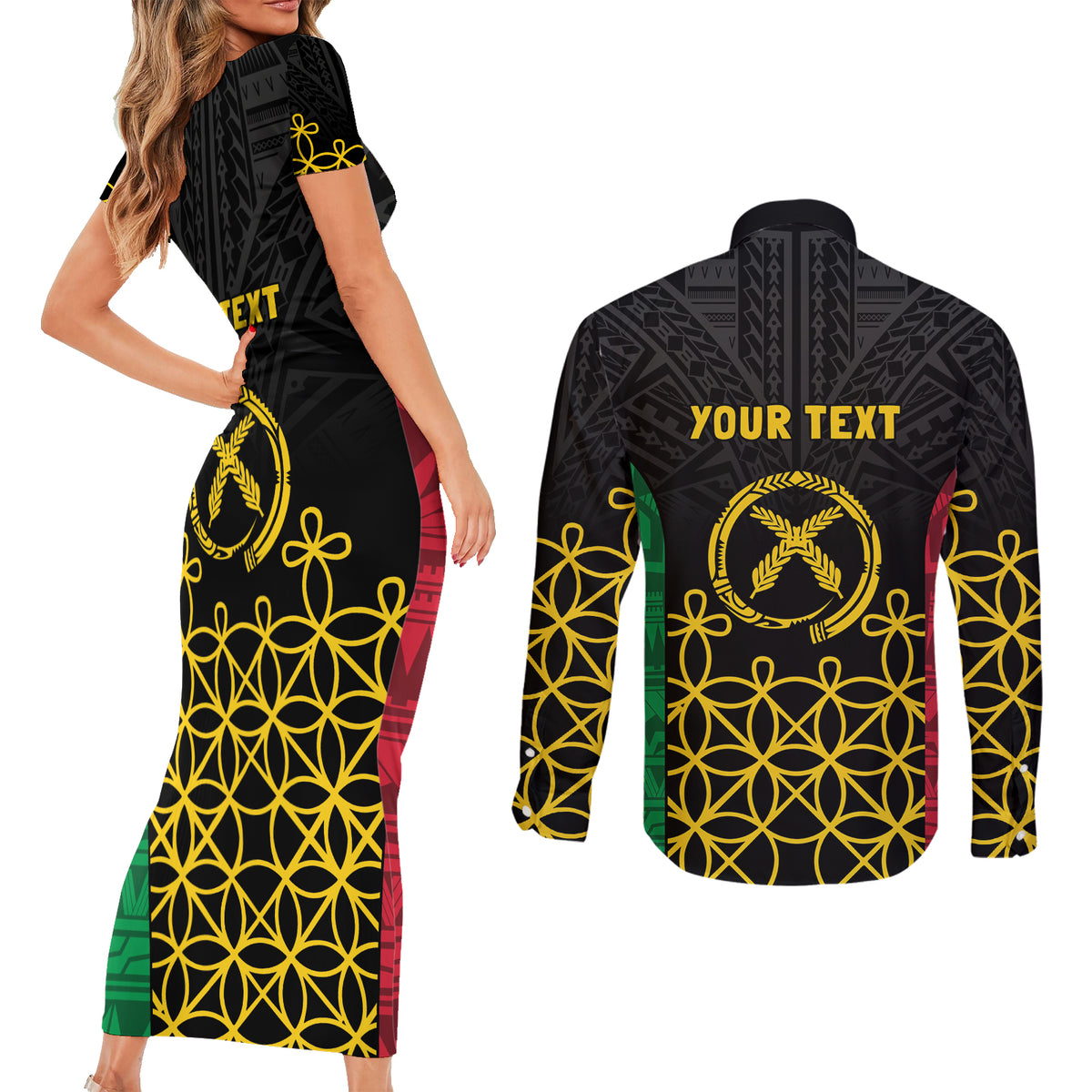 Vanuatu Indipendens Dei Couples Matching Short Sleeve Bodycon Dress and Long Sleeve Button Shirt Tribal Sand Drawing LT7 - Polynesian Pride