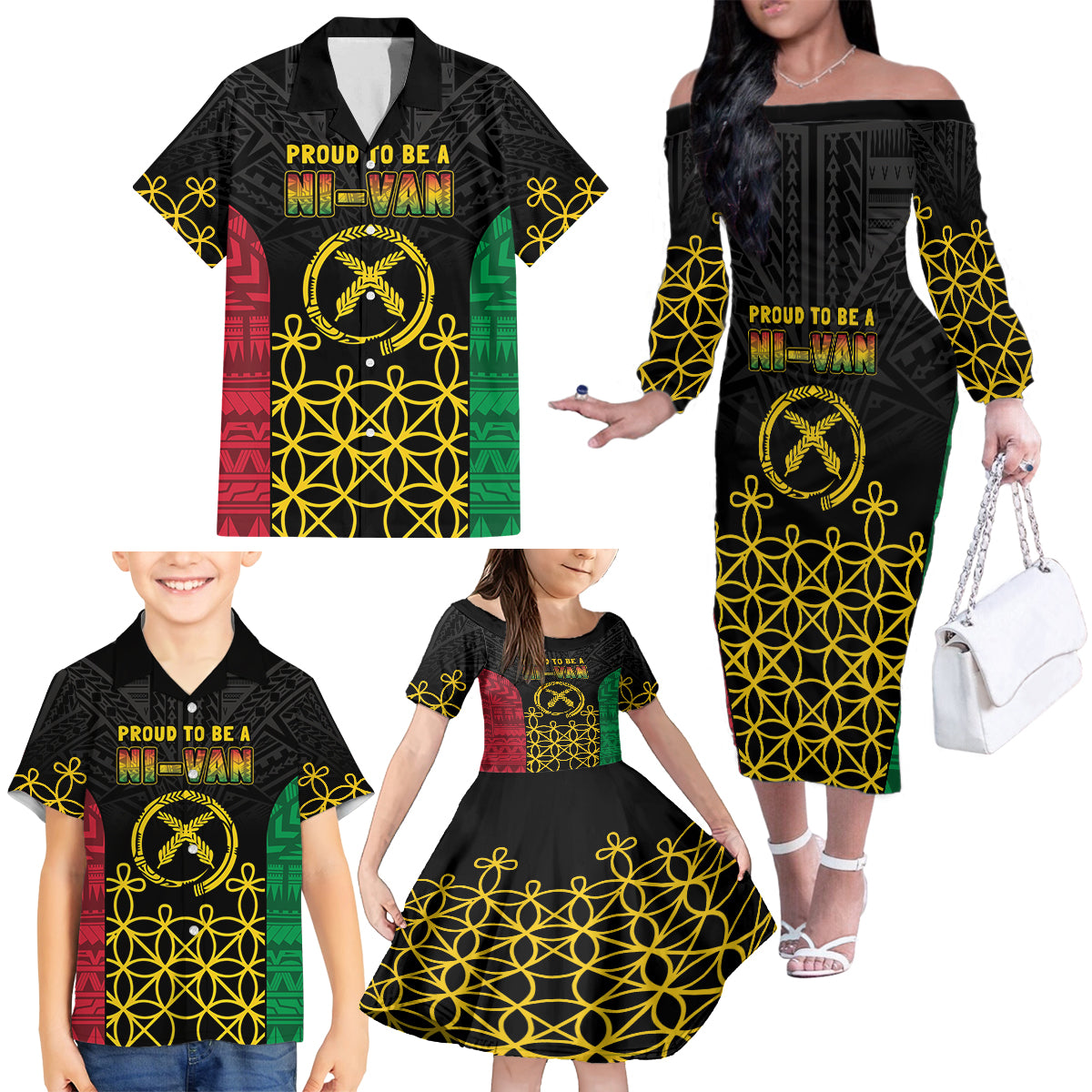 Vanuatu Indipendens Dei Family Matching Off The Shoulder Long Sleeve Dress and Hawaiian Shirt Tribal Sand Drawing LT7 - Polynesian Pride
