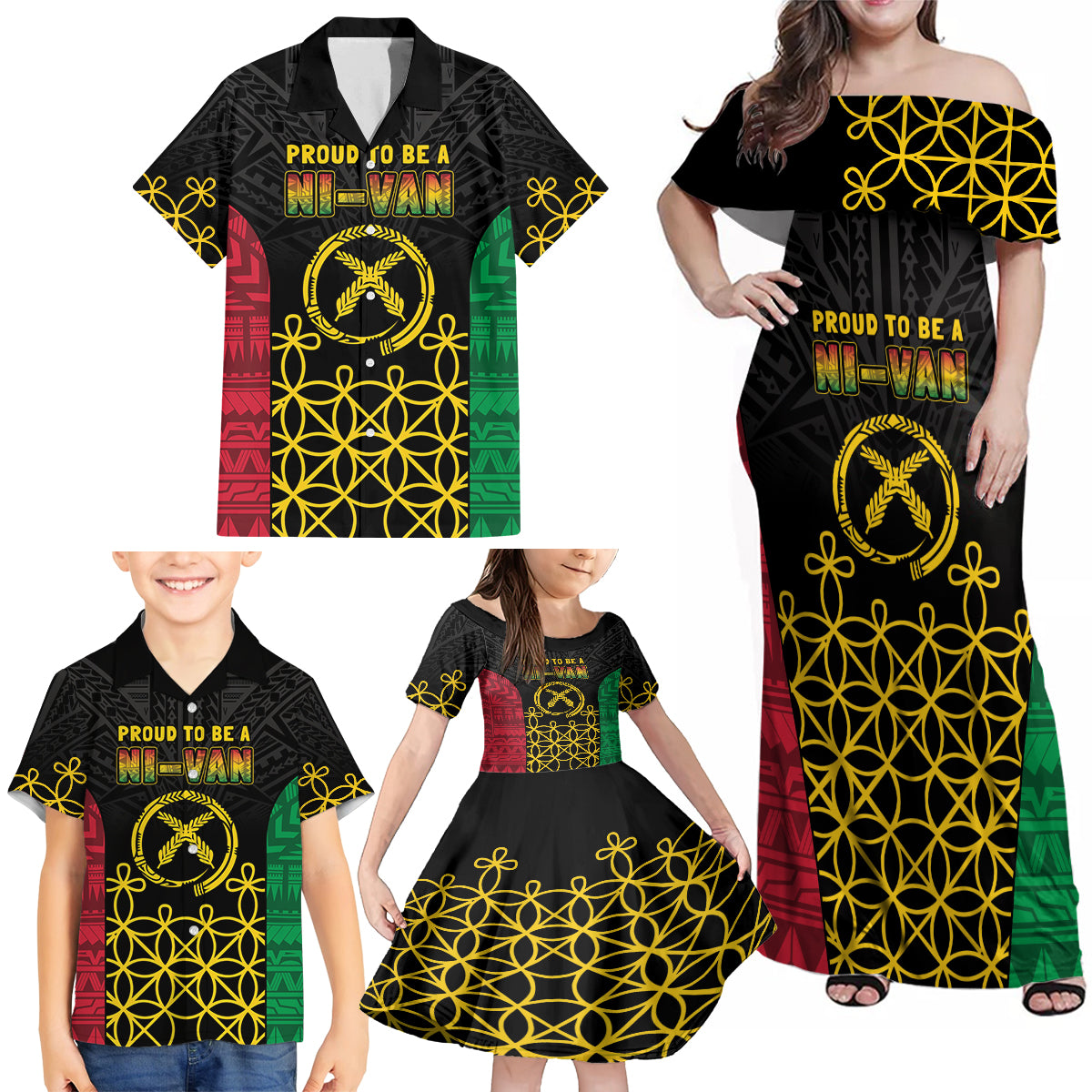Vanuatu Indipendens Dei Family Matching Off Shoulder Maxi Dress and Hawaiian Shirt Tribal Sand Drawing LT7 - Polynesian Pride