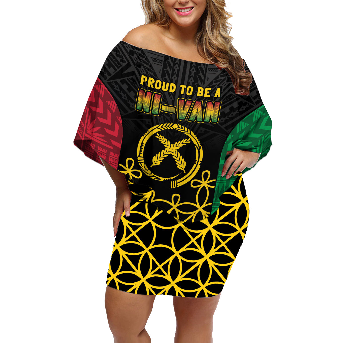 Vanuatu Indipendens Dei Family Matching Off Shoulder Short Dress and Hawaiian Shirt Tribal Sand Drawing LT7 Mom's Dress Colorful - Polynesian Pride