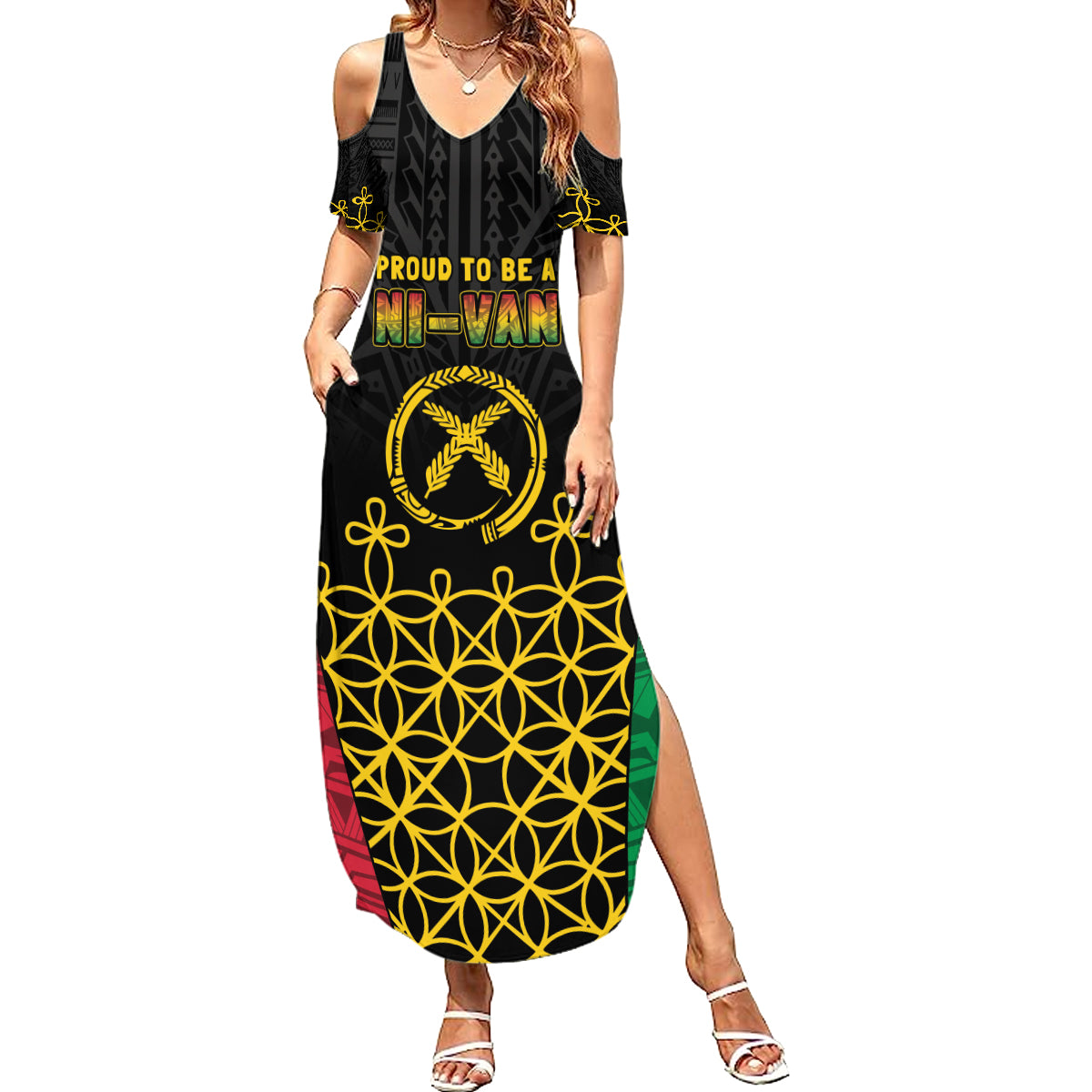 Vanuatu Indipendens Dei Family Matching Summer Maxi Dress and Hawaiian Shirt Tribal Sand Drawing LT7 Mom's Dress Colorful - Polynesian Pride