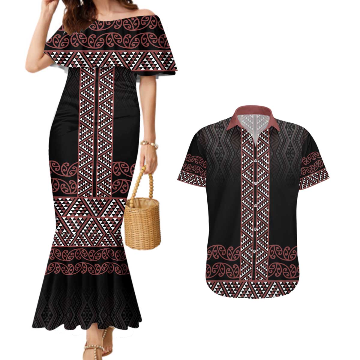 Maori Taniko Patterns Couples Matching Mermaid Dress and Hawaiian Shirt Brown Niho Taniwha Mix Paatiki Motifs LT7 Brown - Polynesian Pride
