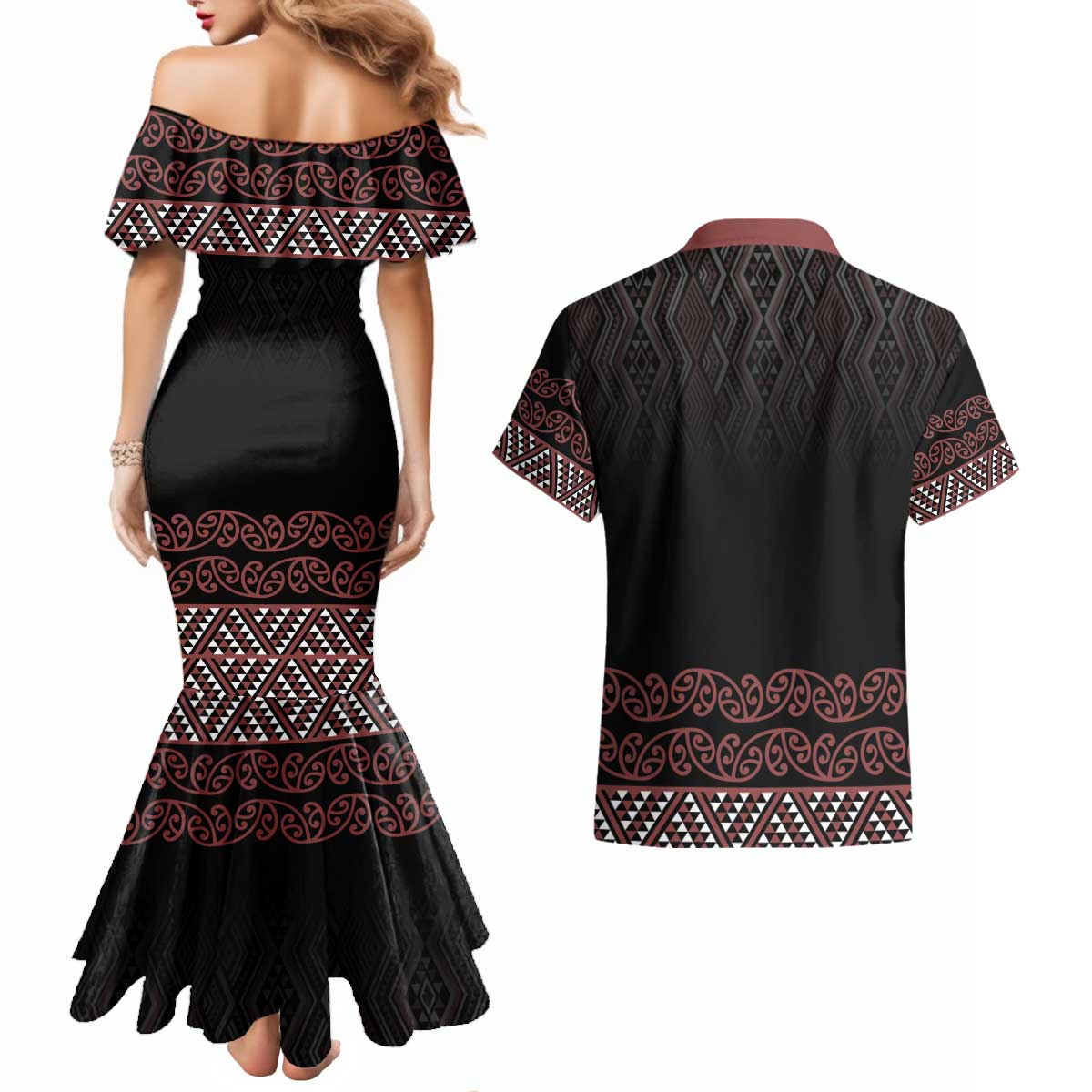 Maori Taniko Patterns Couples Matching Mermaid Dress and Hawaiian Shirt Brown Niho Taniwha Mix Paatiki Motifs LT7 - Polynesian Pride