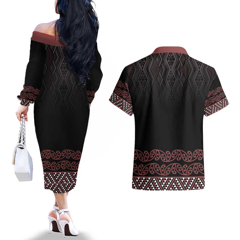Maori Taniko Patterns Couples Matching Off The Shoulder Long Sleeve Dress and Hawaiian Shirt Brown Niho Taniwha Mix Paatiki Motifs LT7 - Polynesian Pride