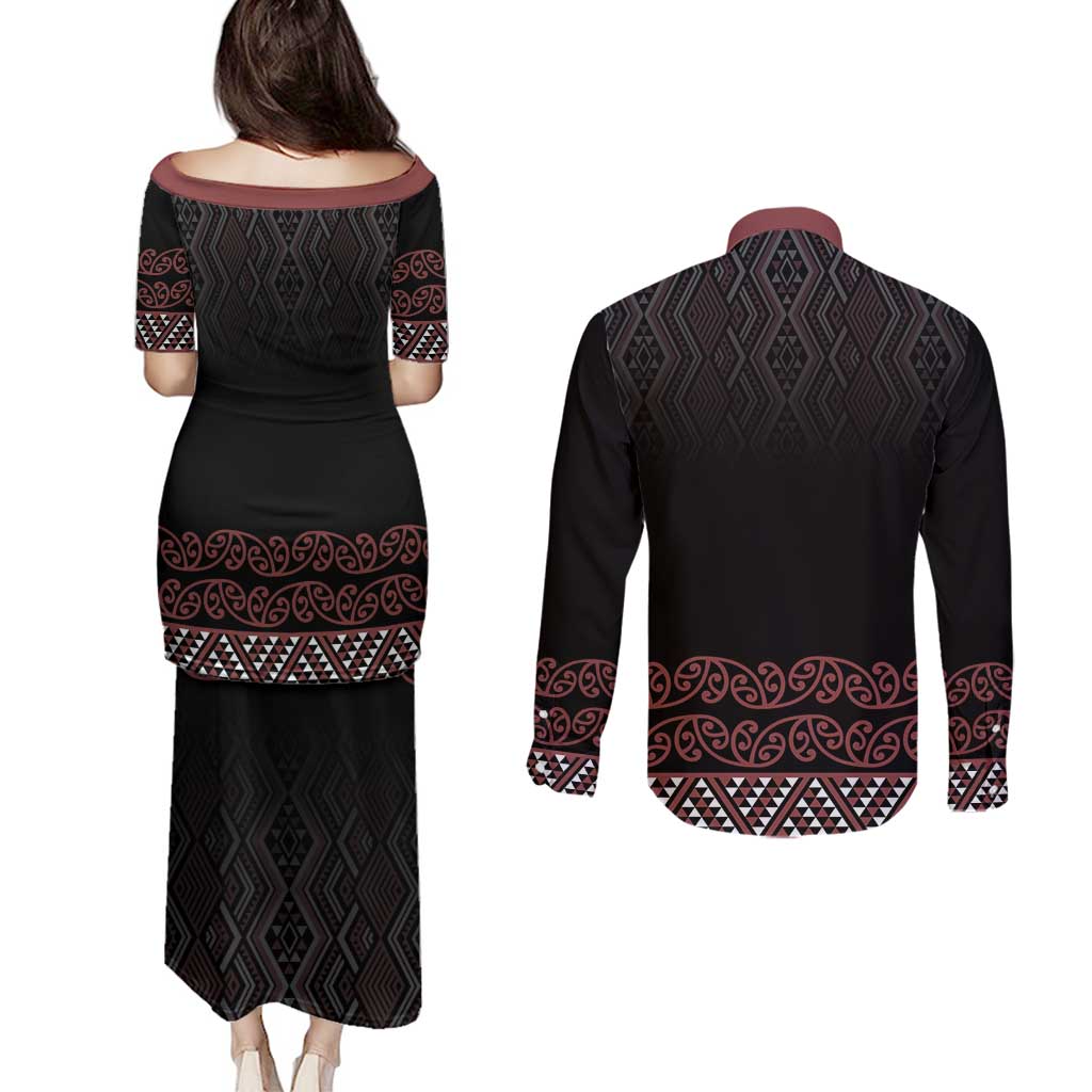 Maori Taniko Patterns Couples Matching Puletasi and Long Sleeve Button Shirt Brown Niho Taniwha Mix Paatiki Motifs