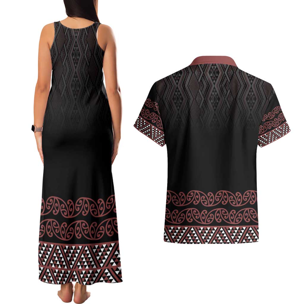 Maori Taniko Patterns Couples Matching Tank Maxi Dress and Hawaiian Shirt Brown Niho Taniwha Mix Paatiki Motifs LT7 - Polynesian Pride