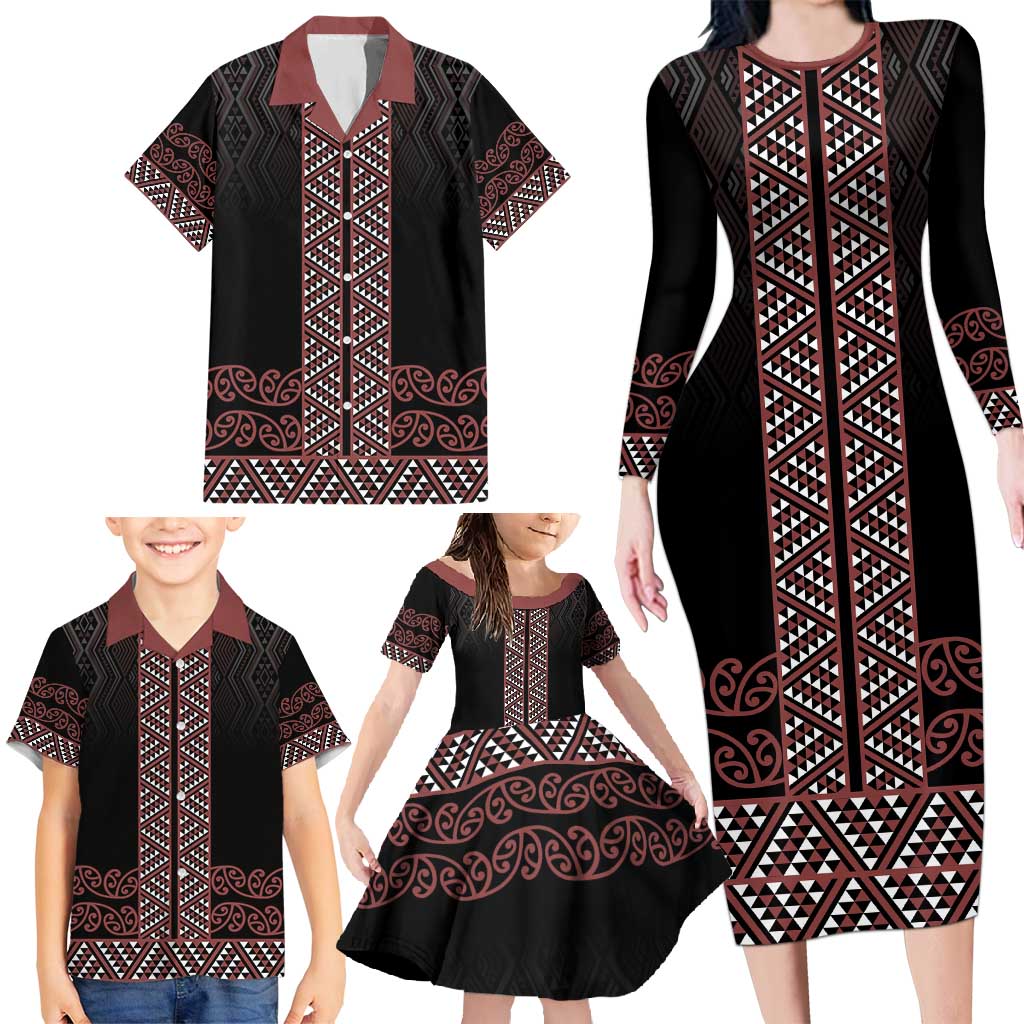 Maori Taniko Patterns Family Matching Long Sleeve Bodycon Dress and Hawaiian Shirt Brown Niho Taniwha Mix Paatiki Motifs LT7 - Polynesian Pride