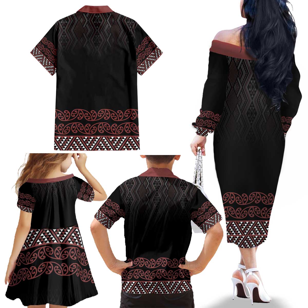 Maori Taniko Patterns Family Matching Off The Shoulder Long Sleeve Dress and Hawaiian Shirt Brown Niho Taniwha Mix Paatiki Motifs LT7 - Polynesian Pride