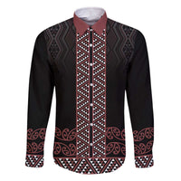 Maori Taniko Patterns Family Matching Off The Shoulder Long Sleeve Dress and Hawaiian Shirt Brown Niho Taniwha Mix Paatiki Motifs LT7 Dad's Shirt - Long Sleeve Brown - Polynesian Pride