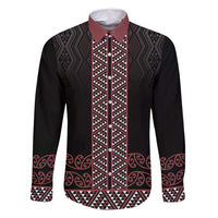Maori Taniko Patterns Family Matching Off Shoulder Maxi Dress and Hawaiian Shirt Brown Niho Taniwha Mix Paatiki Motifs LT7 Dad's Shirt - Long Sleeve Brown - Polynesian Pride