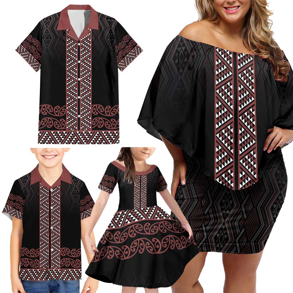 Maori Taniko Patterns Family Matching Off Shoulder Short Dress and Hawaiian Shirt Brown Niho Taniwha Mix Paatiki Motifs LT7 - Polynesian Pride