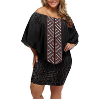 Maori Taniko Patterns Family Matching Off Shoulder Short Dress and Hawaiian Shirt Brown Niho Taniwha Mix Paatiki Motifs LT7 Mom's Dress Brown - Polynesian Pride