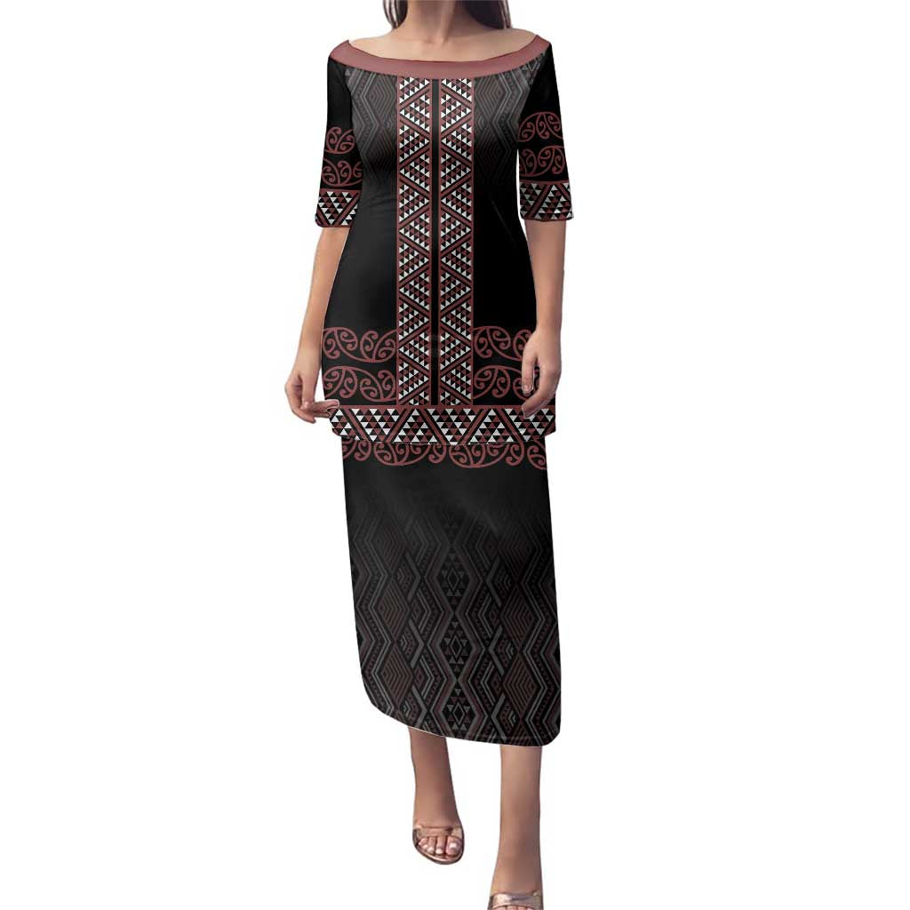 Maori Taniko Patterns Family Matching Puletasi and Hawaiian Shirt Brown Niho Taniwha Mix Paatiki Motifs LT7 Mom's Dress Brown - Polynesian Pride