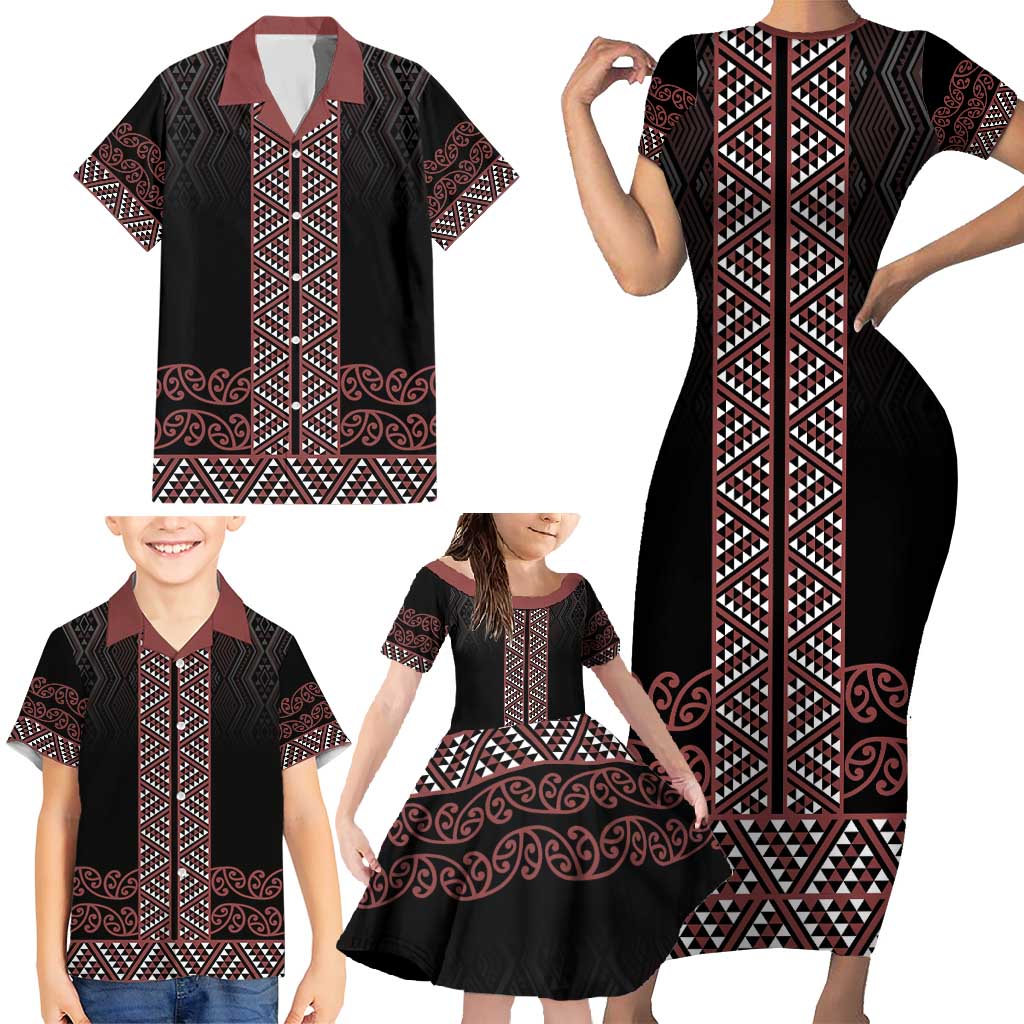 Maori Taniko Patterns Family Matching Short Sleeve Bodycon Dress and Hawaiian Shirt Brown Niho Taniwha Mix Paatiki Motifs LT7 - Polynesian Pride