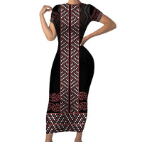 Maori Taniko Patterns Family Matching Short Sleeve Bodycon Dress and Hawaiian Shirt Brown Niho Taniwha Mix Paatiki Motifs LT7 Mom's Dress Brown - Polynesian Pride
