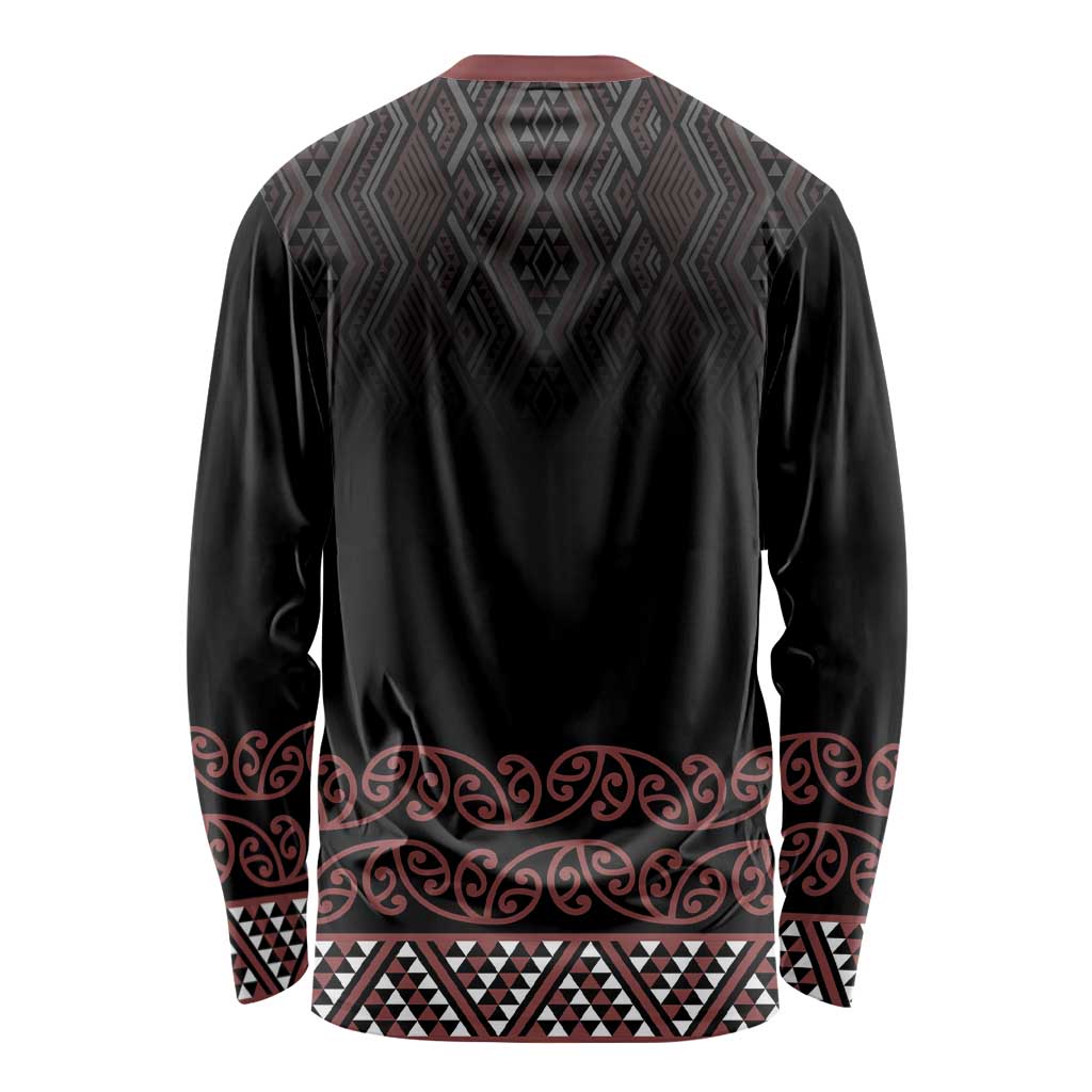 Maori Taniko Patterns Long Sleeve Shirt Brown Niho Taniwha Mix Paatiki Motifs